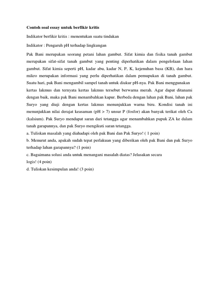 Contoh Soal Essay Untuk Berfikir Kritis