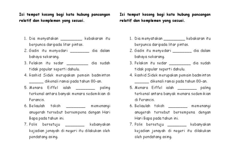 Latihan Kata Hubung Pancangan Relatif Dan Komplemen Yang Sesuai