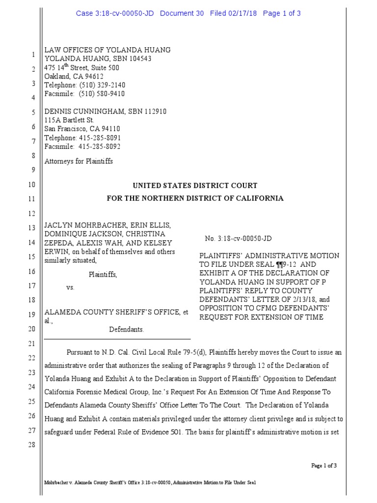 Plaintiffs' Administrative Motion To File Under Seal + Declaration of Yolanda Huang in Support