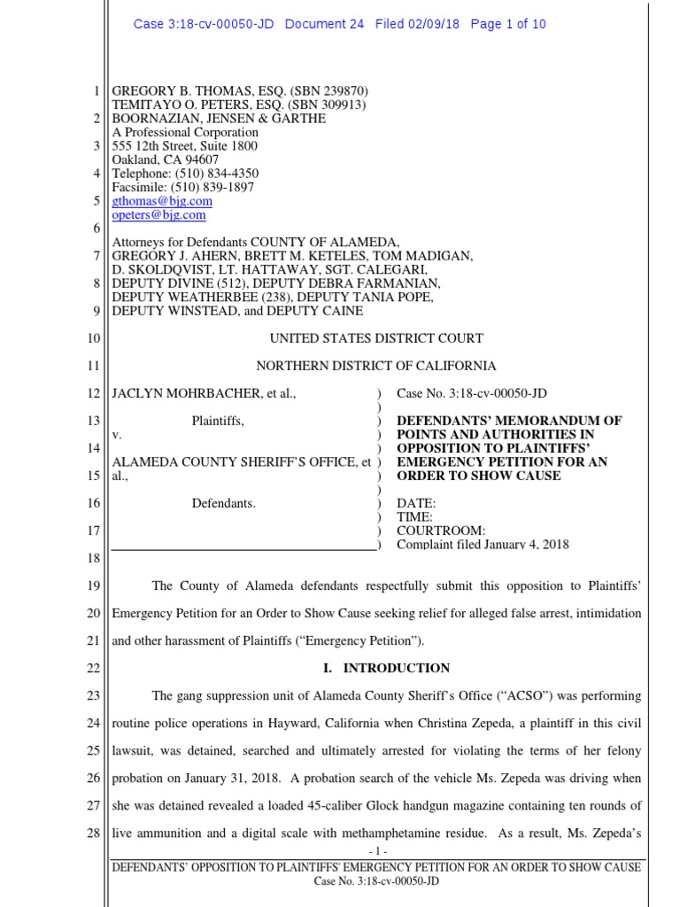 Alameda County Sheriff's Office >> Opposition to Plaintiffs’ Emergency