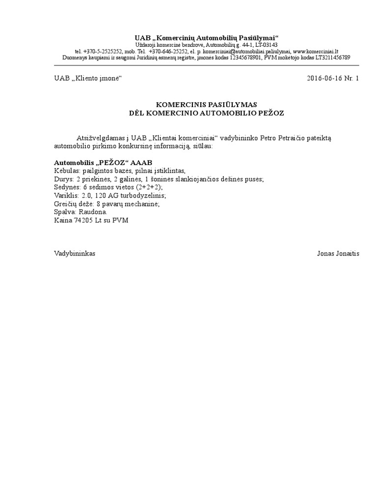 Komercinis Pasiulymas Automobilis PDF