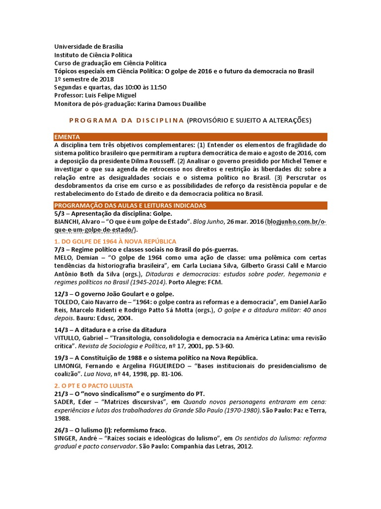 Ementa da disciplina sobre o 