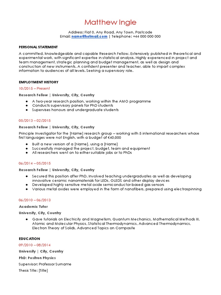 Research Fellow CV of Matthew Ingle | PDF | Doctor Of Philosophy | Science