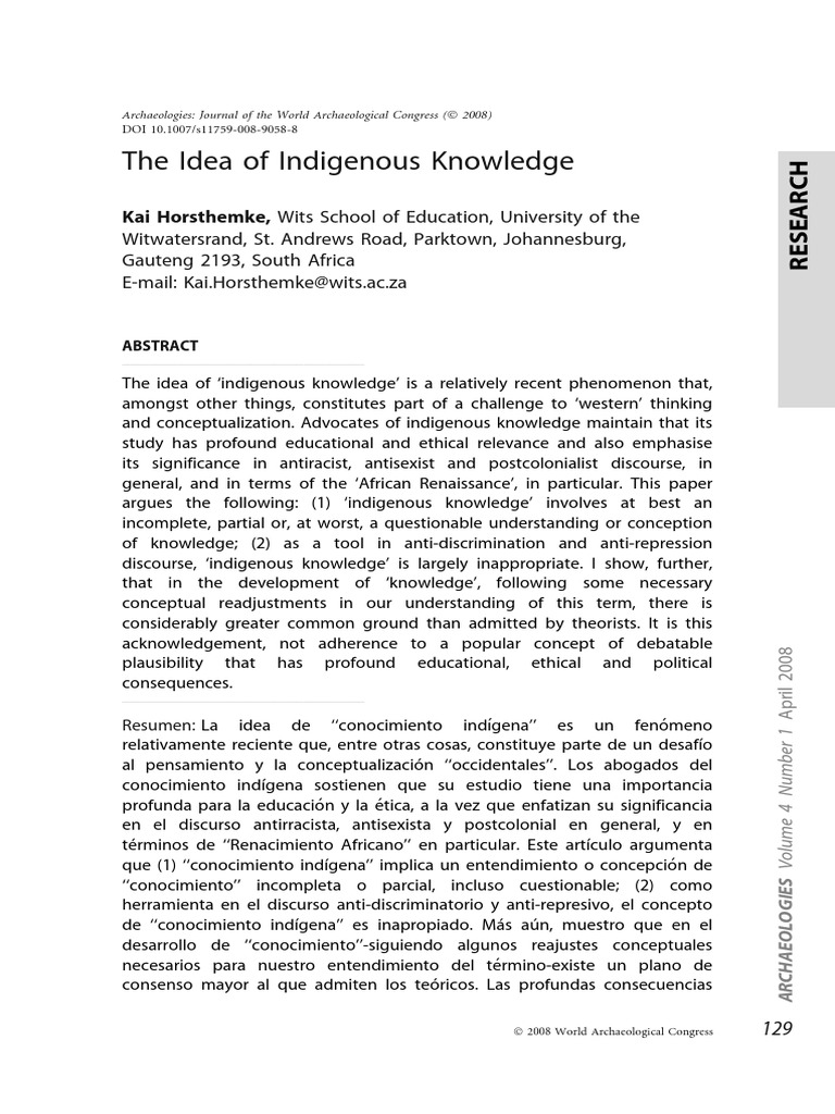 Horsthemke Kai (2008) The Idea of Indigenous Knowledge PDF | PDF ...