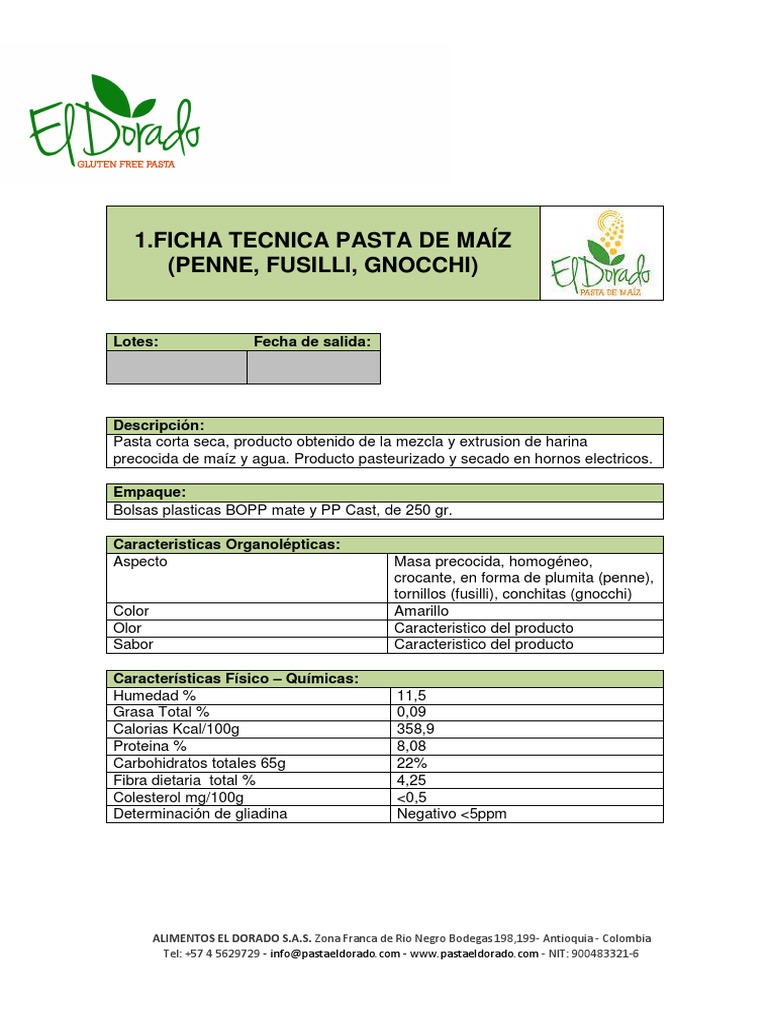 Fichas Tecnicas Pastas El Dorado 1 Alimentos Comida y bebida