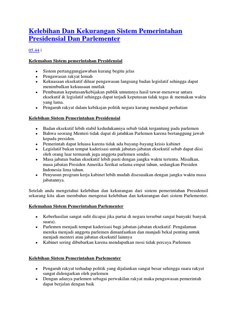 Kelebihan Dan Kekurangan Sistem Pemerintahan Presidensial Dan Parlementer Kita