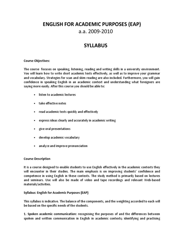 Eap Syllabus Reading (Process) English Language