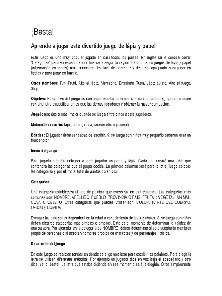 Juego Basta Pdf Ocio Deportes