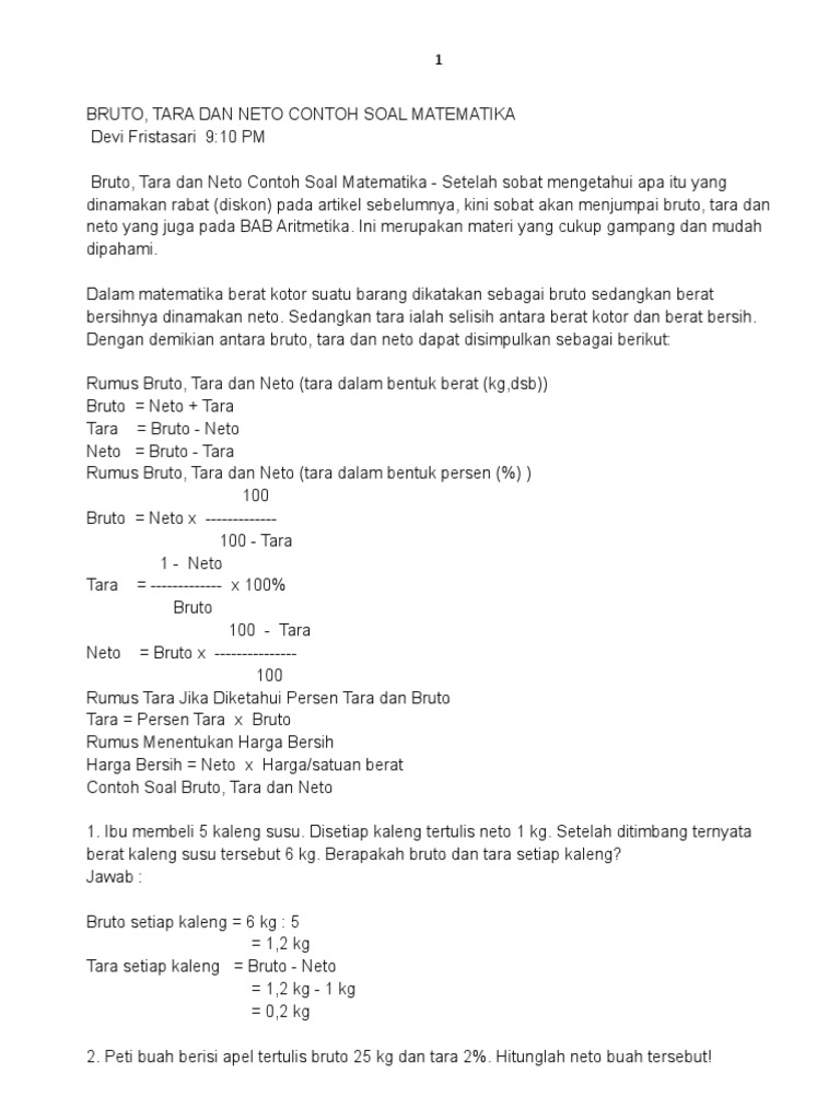 Bruto, Tara Dan Neto Contoh Soal Matematika MATERI SMP PDF