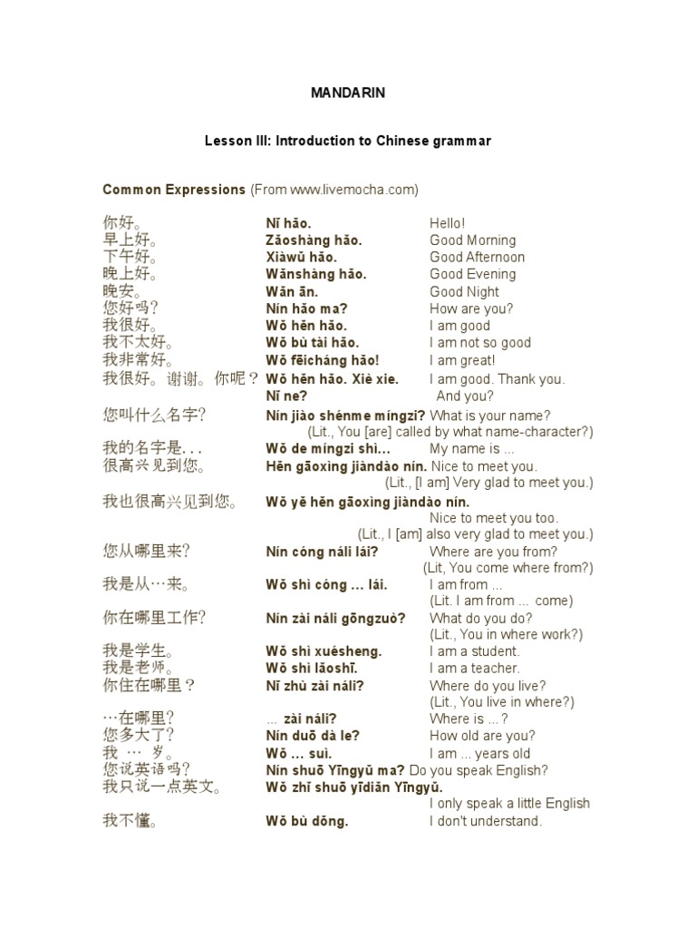 Mandarin Lesson 3 Common Expressions PDF Verb Grammatical Tense