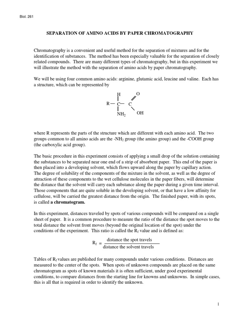 Separation of Amino Acids by Paper Chromatography Biol. 261 PDF