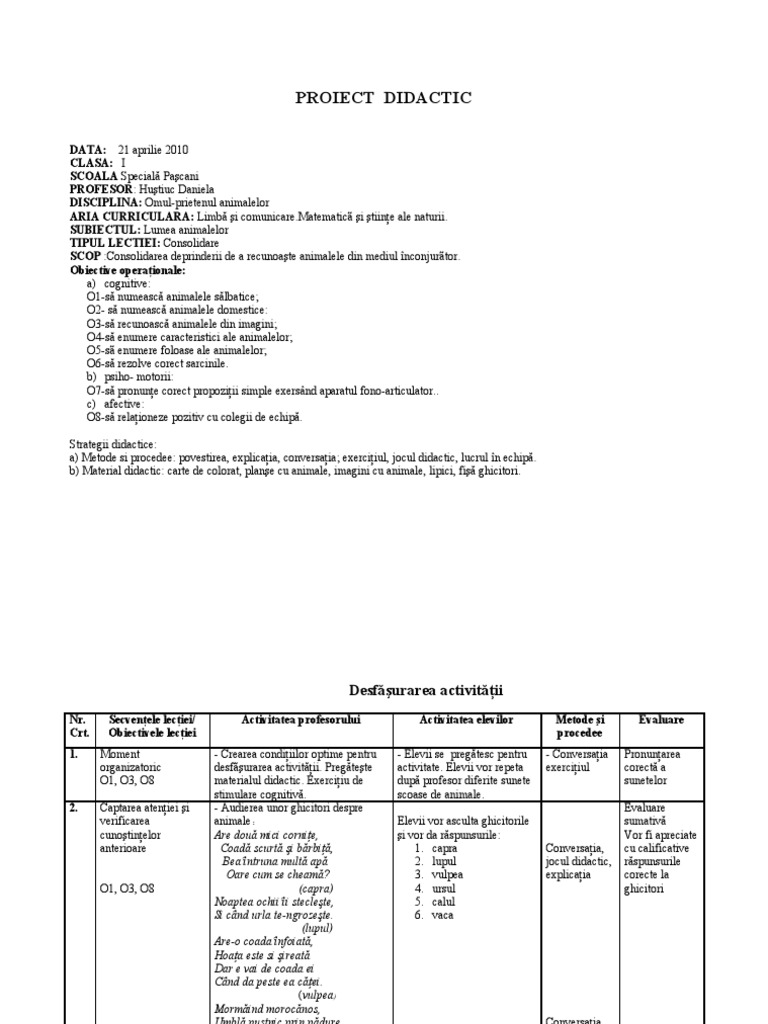 Proiect Didactic Inspectie Animale