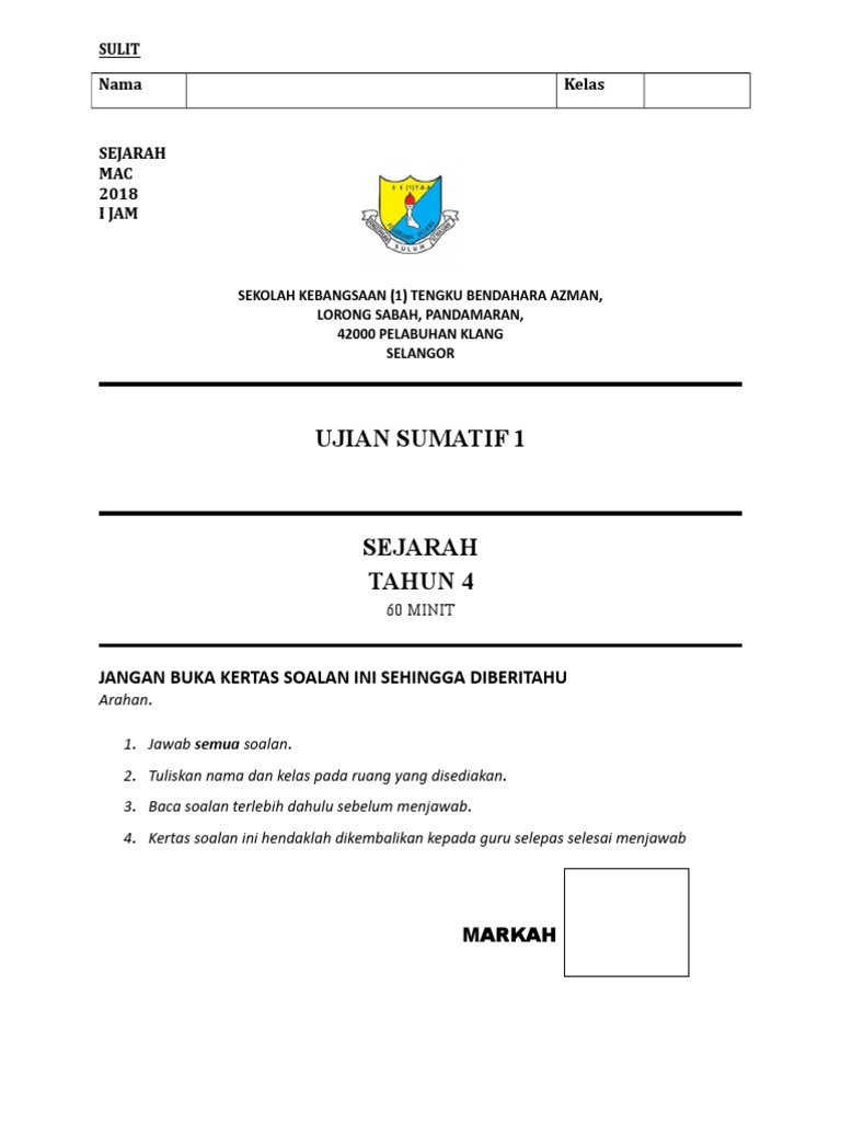 Sumatif 1 Sejarah Tahun 4 Sk1tba