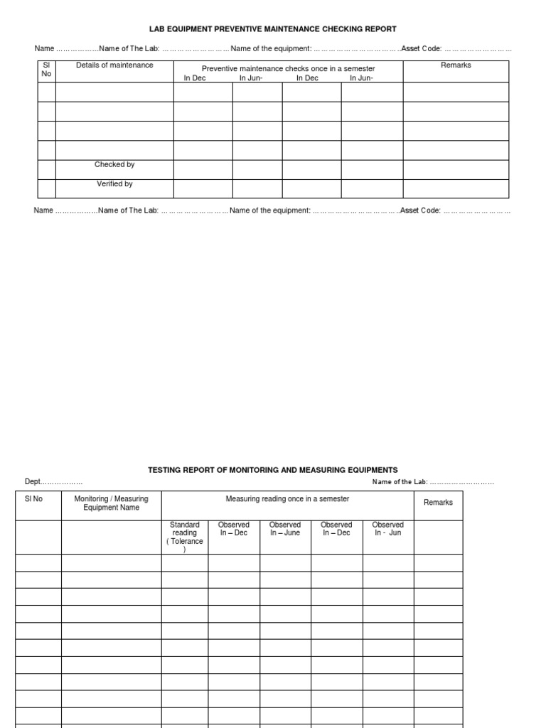 Lab Equipment Preventive Maintenance Checking Report Name PDF Business