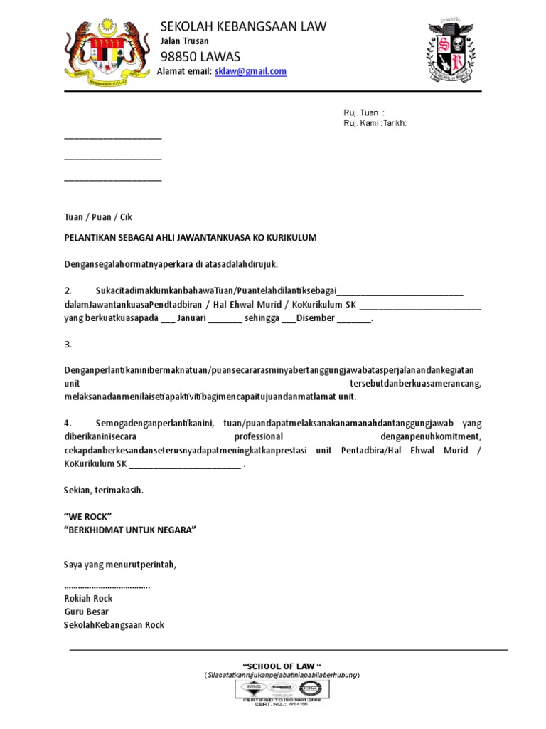 Contoh Surat Lantikan Ajk Ko Kurikulum Pdf