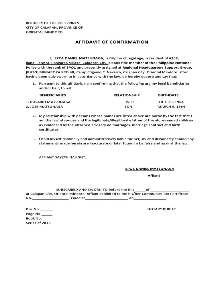 Affidavit of Confirmation Sample