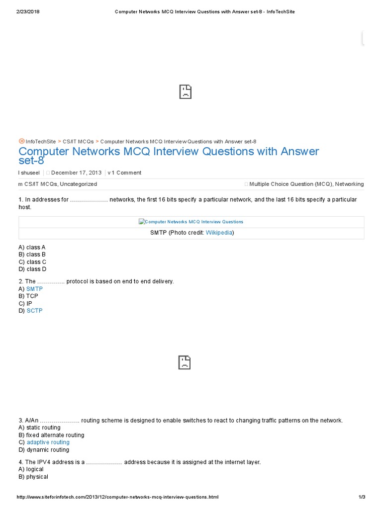 Computer Networks MCQs for Interviews | PDF | Routing | Computer Network