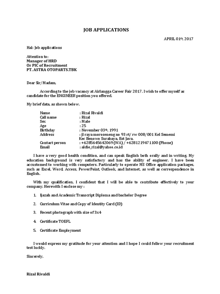 Job Application for Engineer Position | PDF