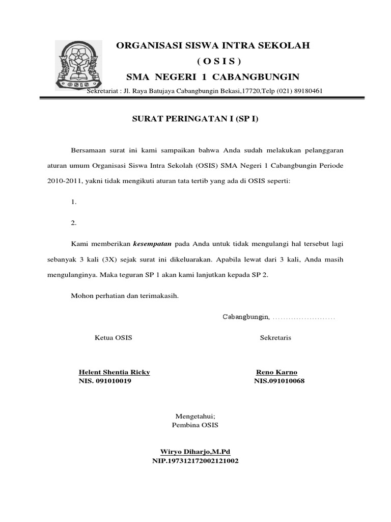 Contoh Surat Peringatan Osis