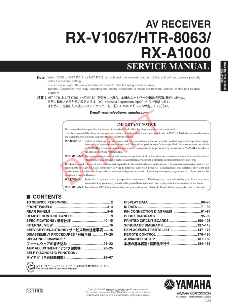 Yamaha RX v1067 Service Manual | Download Free PDF | Audio 