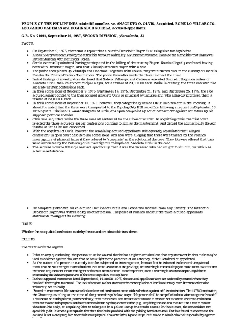 People V Olvis | Download Free PDF | Right To Silence | Miranda Warning