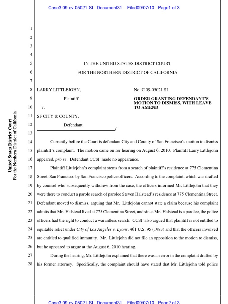 Little John v. San Francisco | PDF | Complaint | Parole