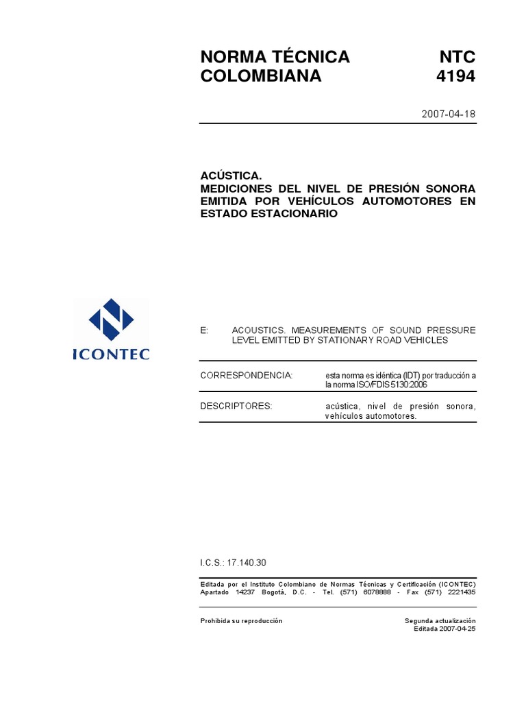 Medición Sonora Vehículos NTC 4194 | PDF | Medición | Micrófono