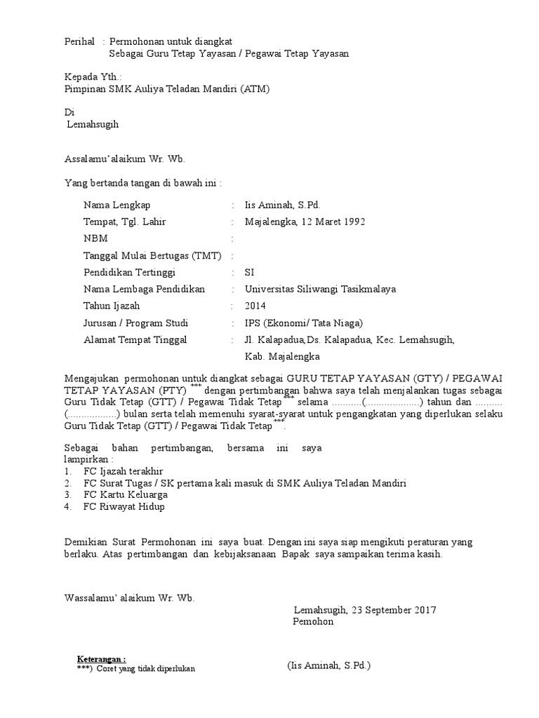 Contoh Surat Lamaran Menjadi Guru Tidak Tetap Surat Permohonan