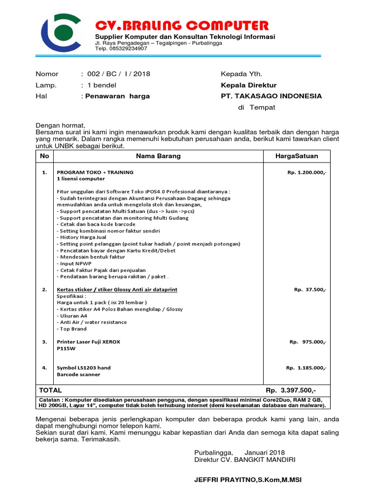 Surat Penawaran Cv Braling Comp Pdf