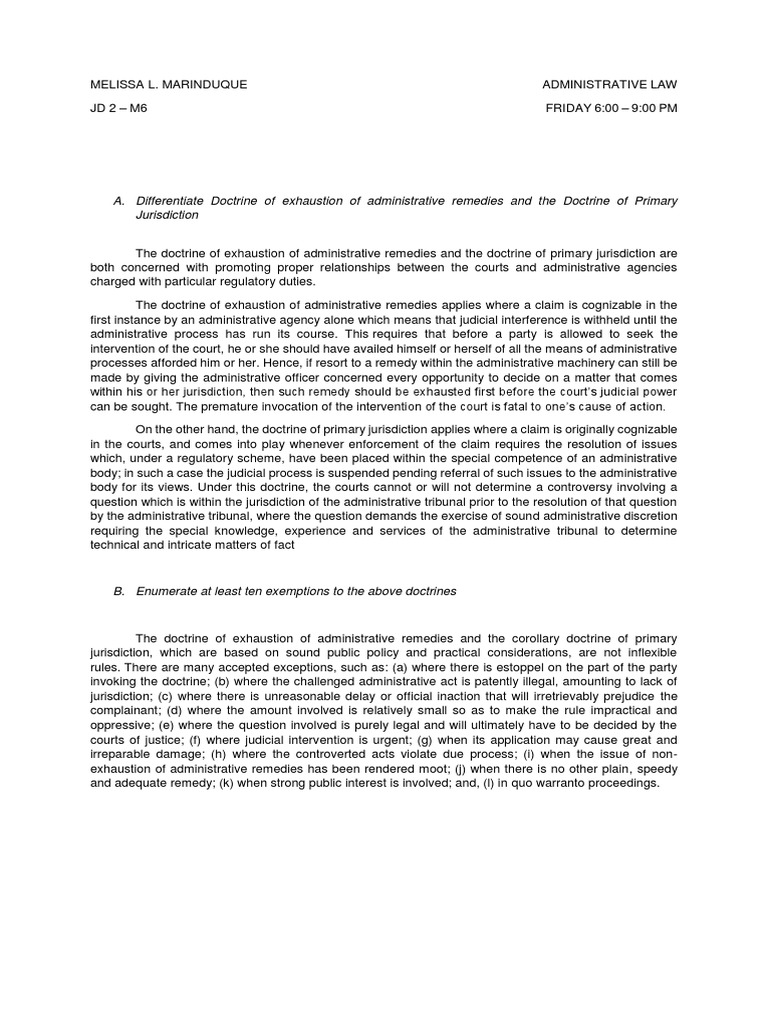 A. Differentiate Doctrine of Exhaustion of Administrative Remedies and