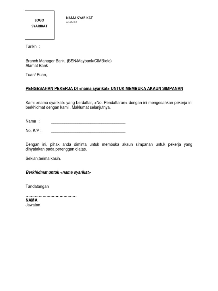 Surat Permohonan Buka Akaun Bank / Contoh surat permohonan pembukaan