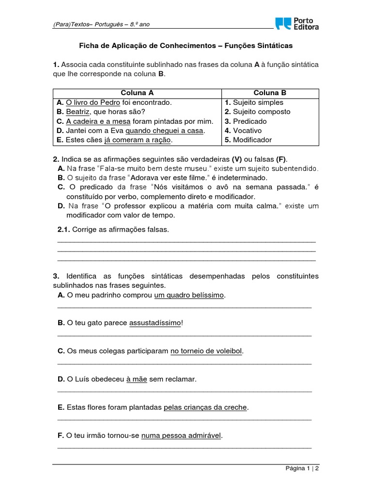 Pt8 Ficha Funcoes Sintaticas | Assunto (Gramática) | Idiomas