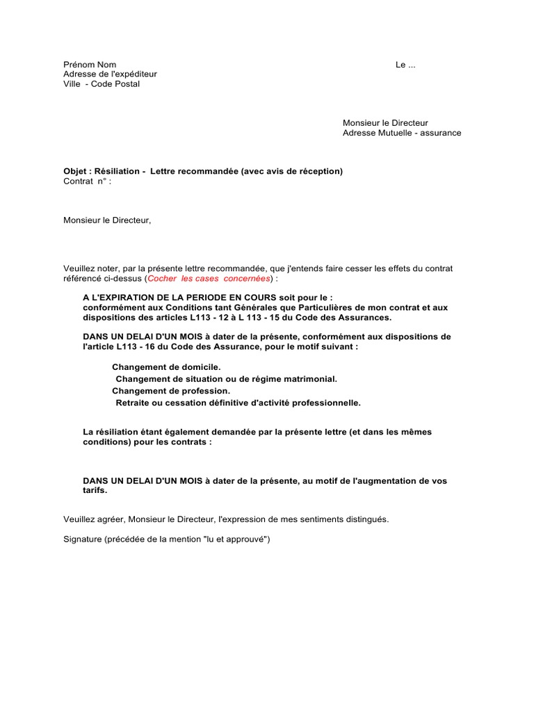 Lettre Resiliation Mutuelle PDF