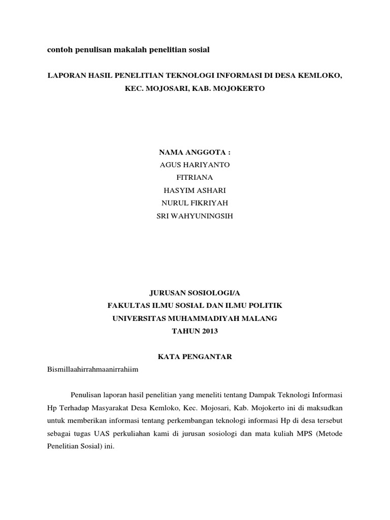 Contoh Penulisan Makalah Penelitian Sosial