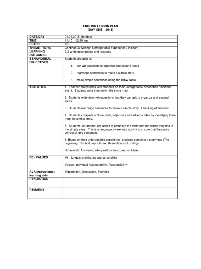 English Continuous Writing Lesson Plan | PDF | Lesson Plan | Question
