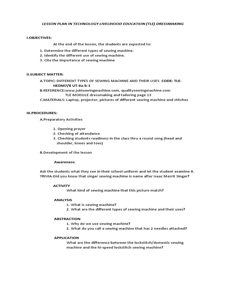 Minerva Cambangay Lesson Plan in Tle Dressmaking | PDF | Sewing ...