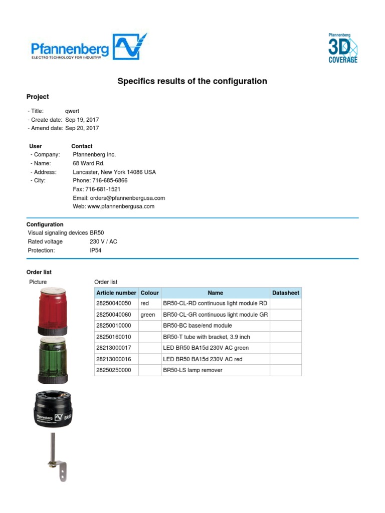 Configuration Details and Order List for Pfannenberg Inc.