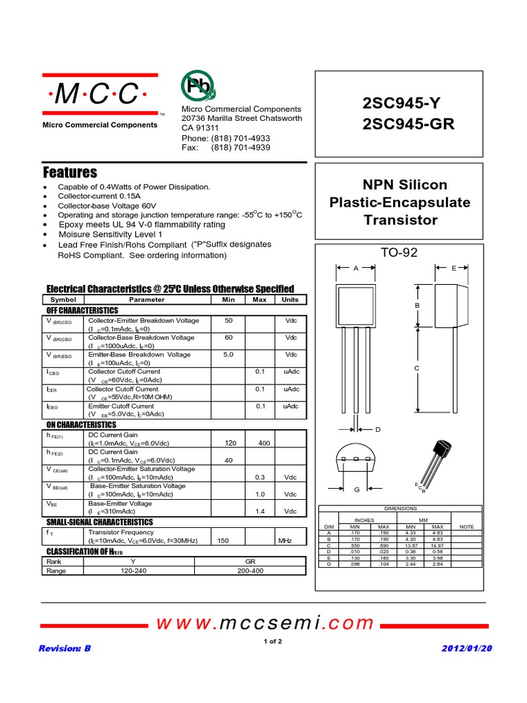 2sc945 GR | PDF | Bipolar Junction Transistor | Electrical Engineering