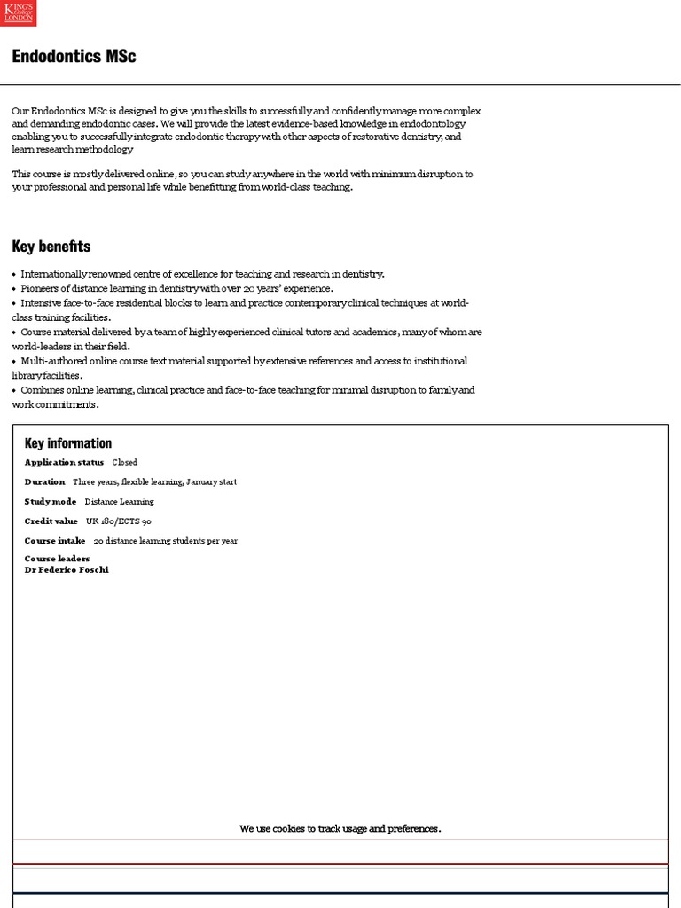 Endodontics MSC Key Benefits PDF Fee Dentistry