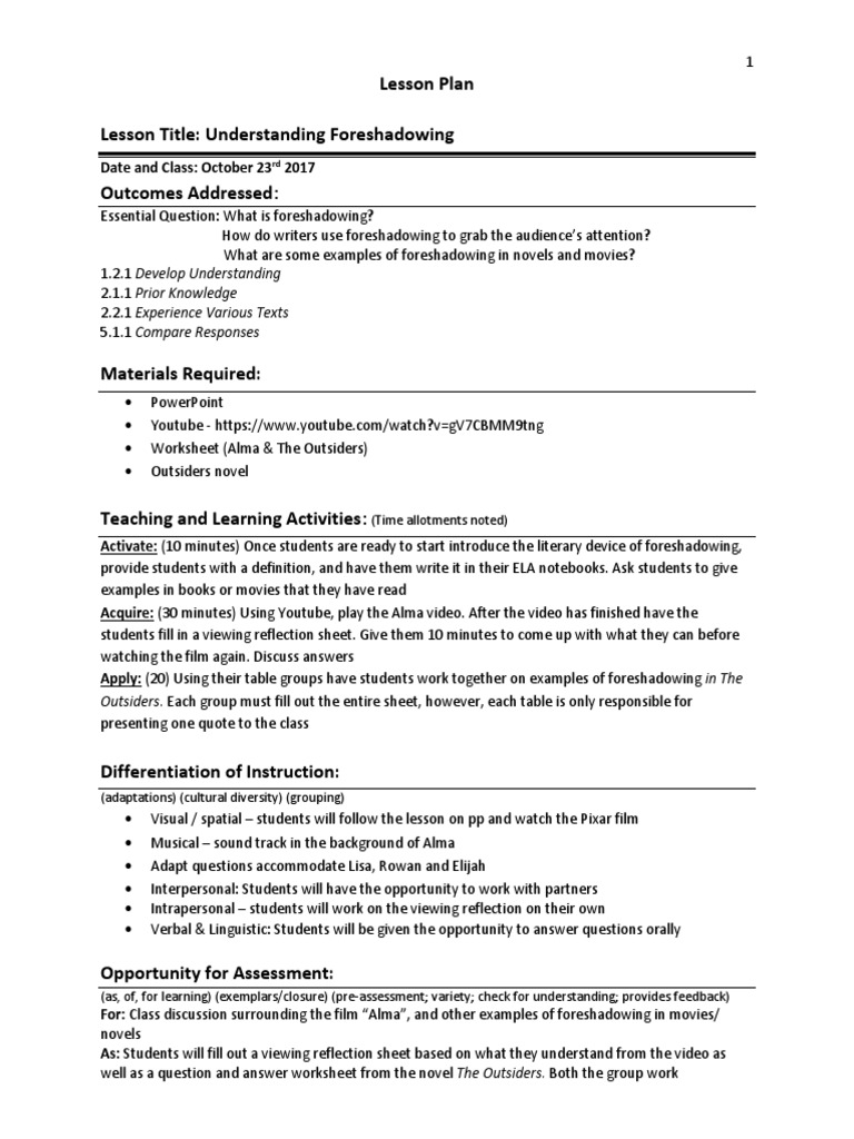worksheet Foreshadowing Worksheet lesson plan foreshadowing psychology cognitive science teaching