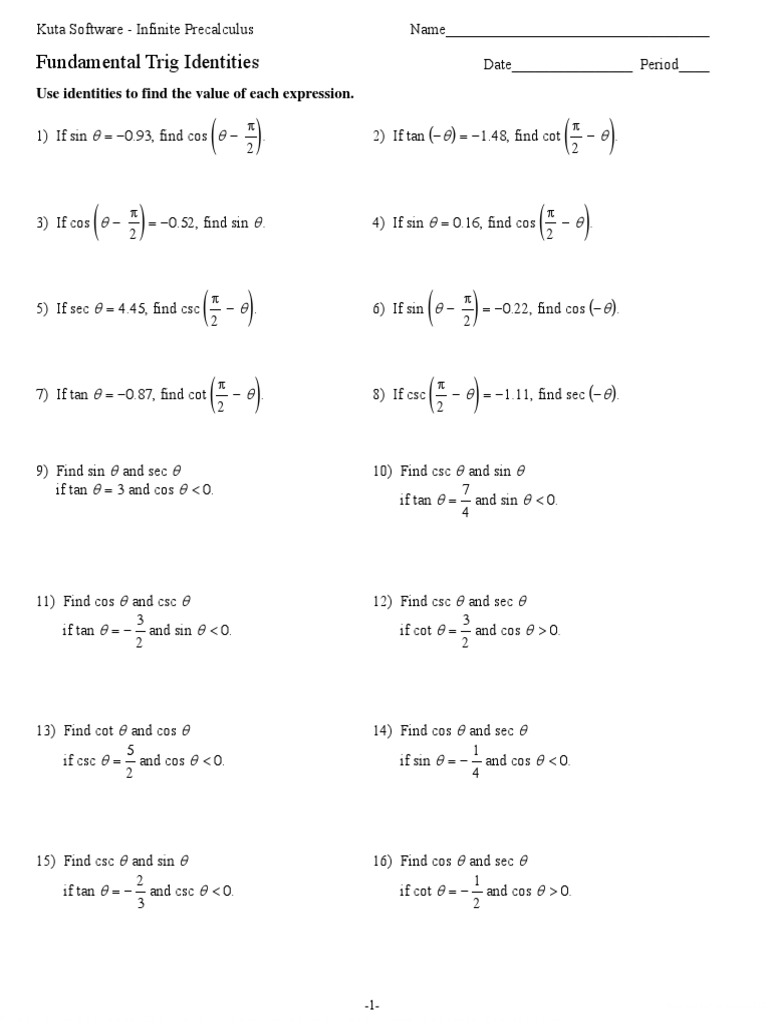 11 - Fundamental Trig Identities  Sine  Trigonometric Functions Inside Verifying Trig Identities Worksheet