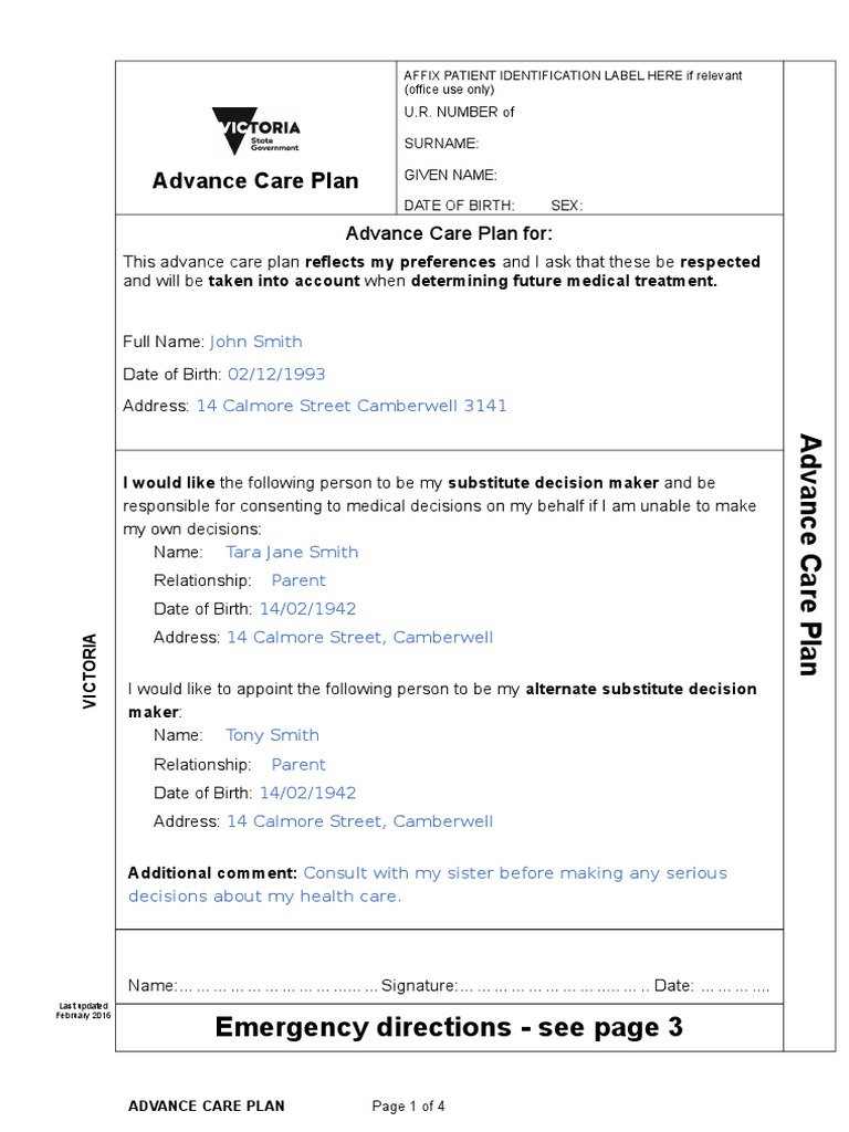 Advance Care Plan: Emergency Directions - See Page 3 | PDF ...