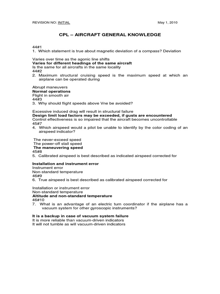 CPL - Aircraft General Knowledge: Revision No: Initial May 1, 2010 ...