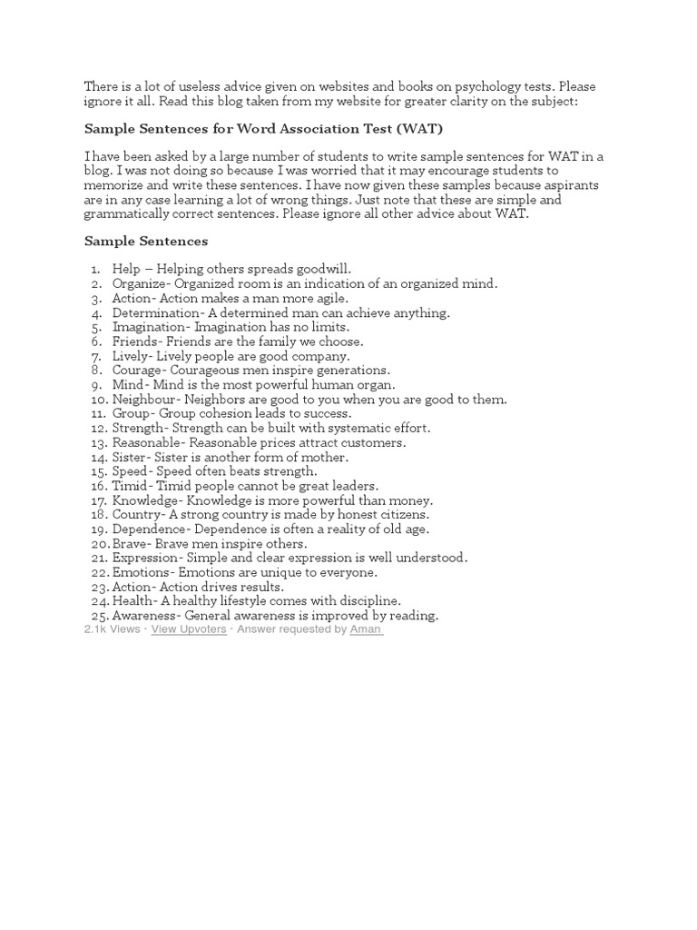 Sample Sentences For Word Association Test (WAT) : 2.1k Views View ...