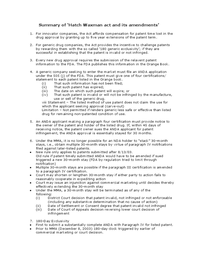 Summary of Hatch Waxman Act and Its Amendments' | PDF | Generic Drug ...