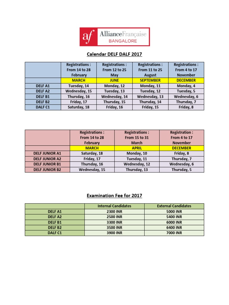 DELF DALF Exam Calendar and Fees 2017 | PDF