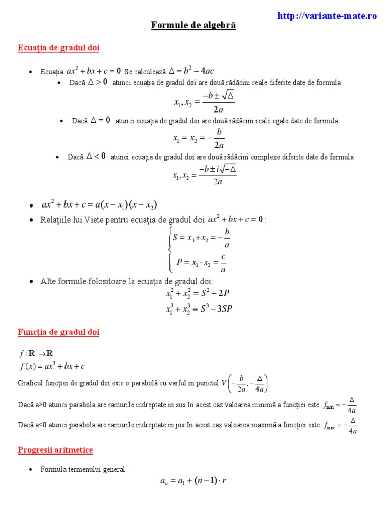 Formule Matematica Bacalaureat BAC Algebra | PDF