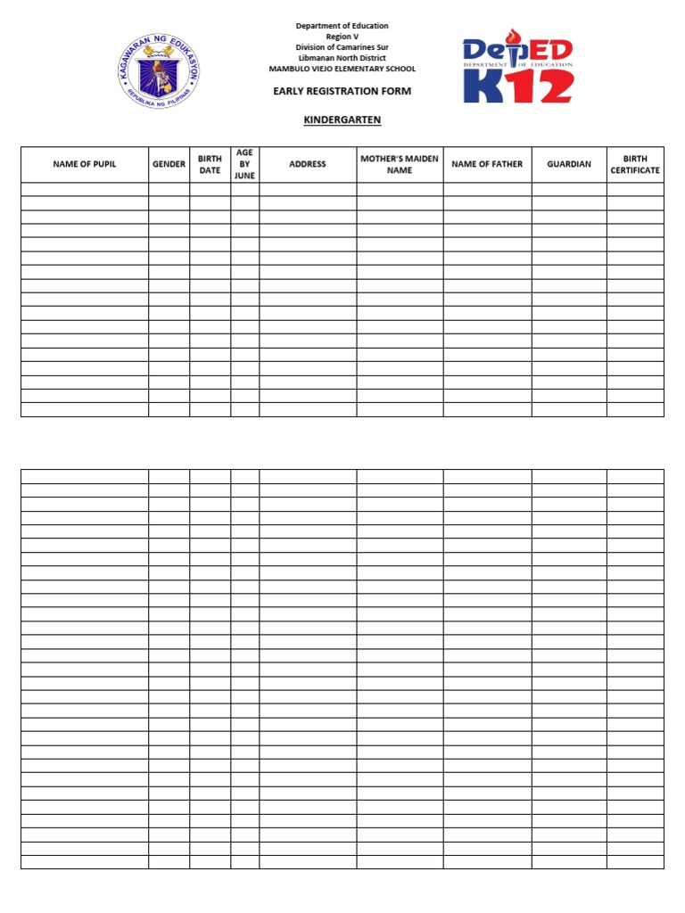 Early Registration Forms for Kindergarten to Grade VI | PDF | Learning ...