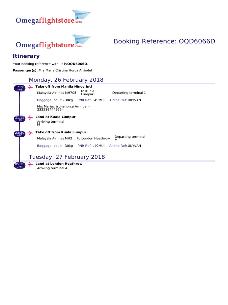 Malaysia Airlines Itinerary OQD6066D | PDF