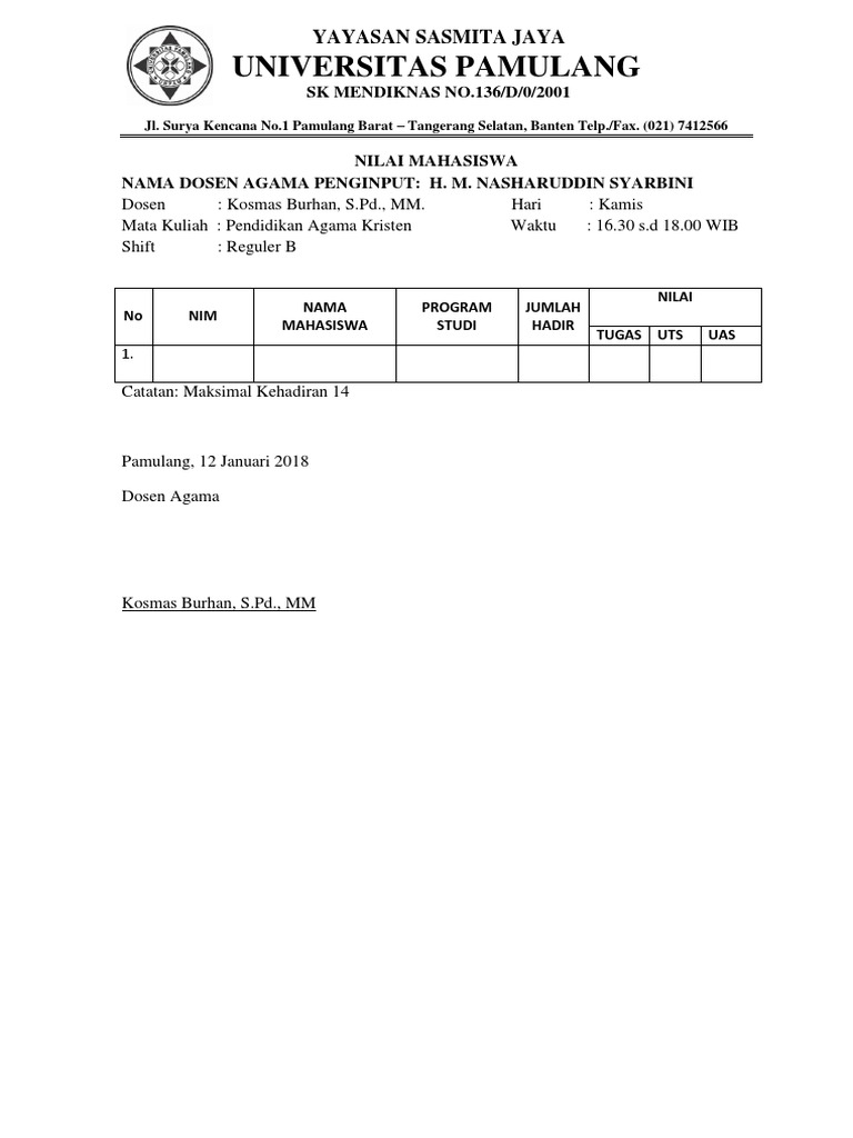 Form Nilai Agama Kristen Universitas Pamulang